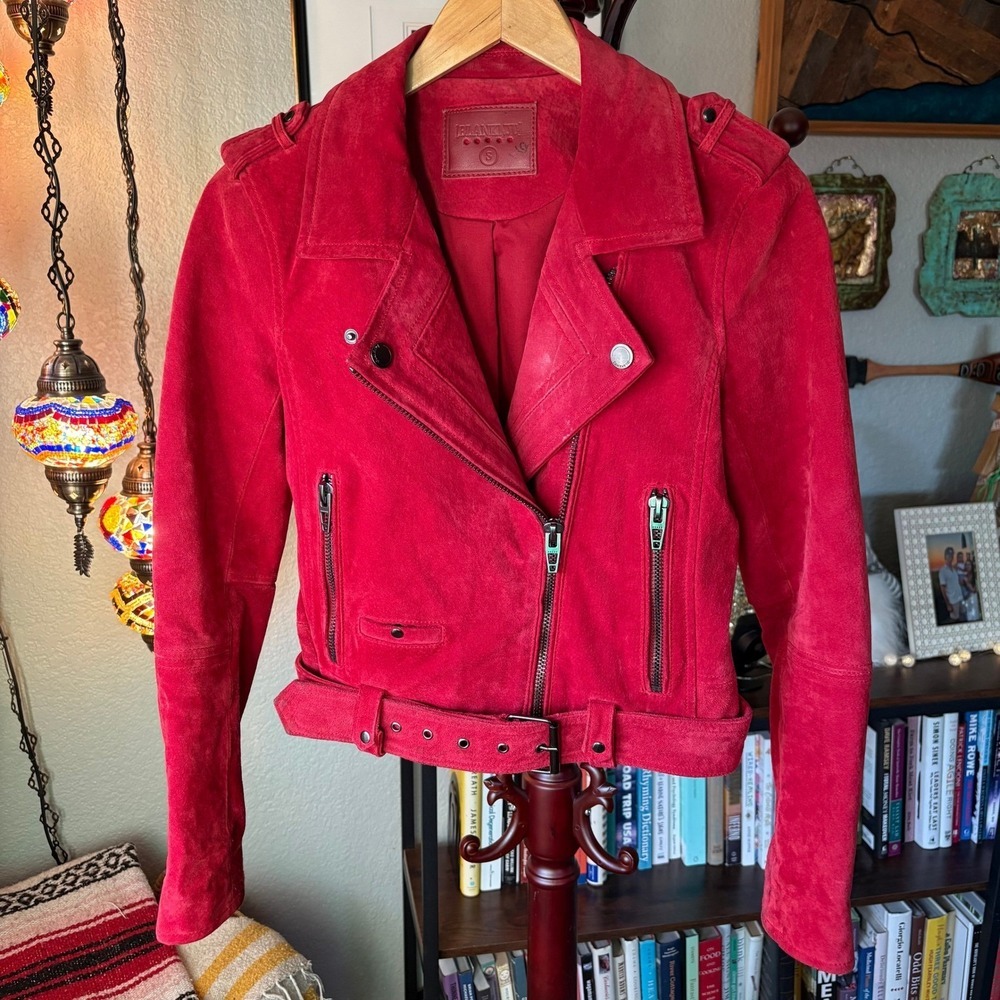 BLANKNYC Red Suede Cropped Moto Jacket Leather Biker Belted Size S - Picture 2 of 16